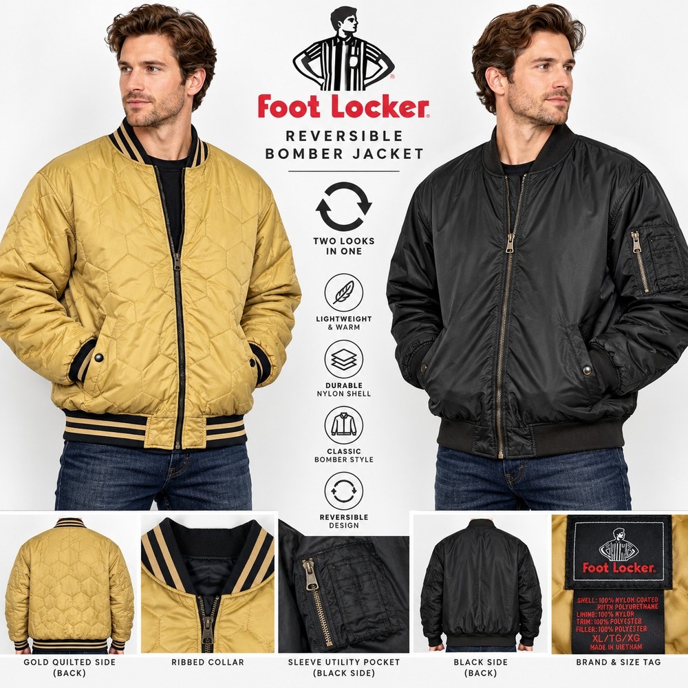 Vintage Foot Locker Men XL Quilted Tan Beige Reversible Flight Bomber Jacket